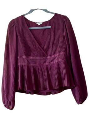 Lucky Brand Burgundy Sheer Peplum Top Boho V-Neck Long Sleeve Blouse NWT S